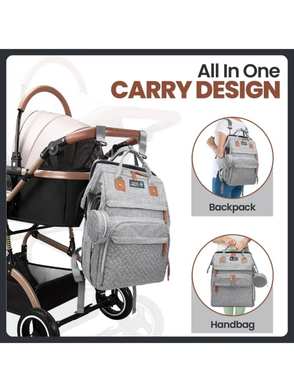 Multifunctional Diaper Bag with Changing Station, Stroller Straps & Pacifier